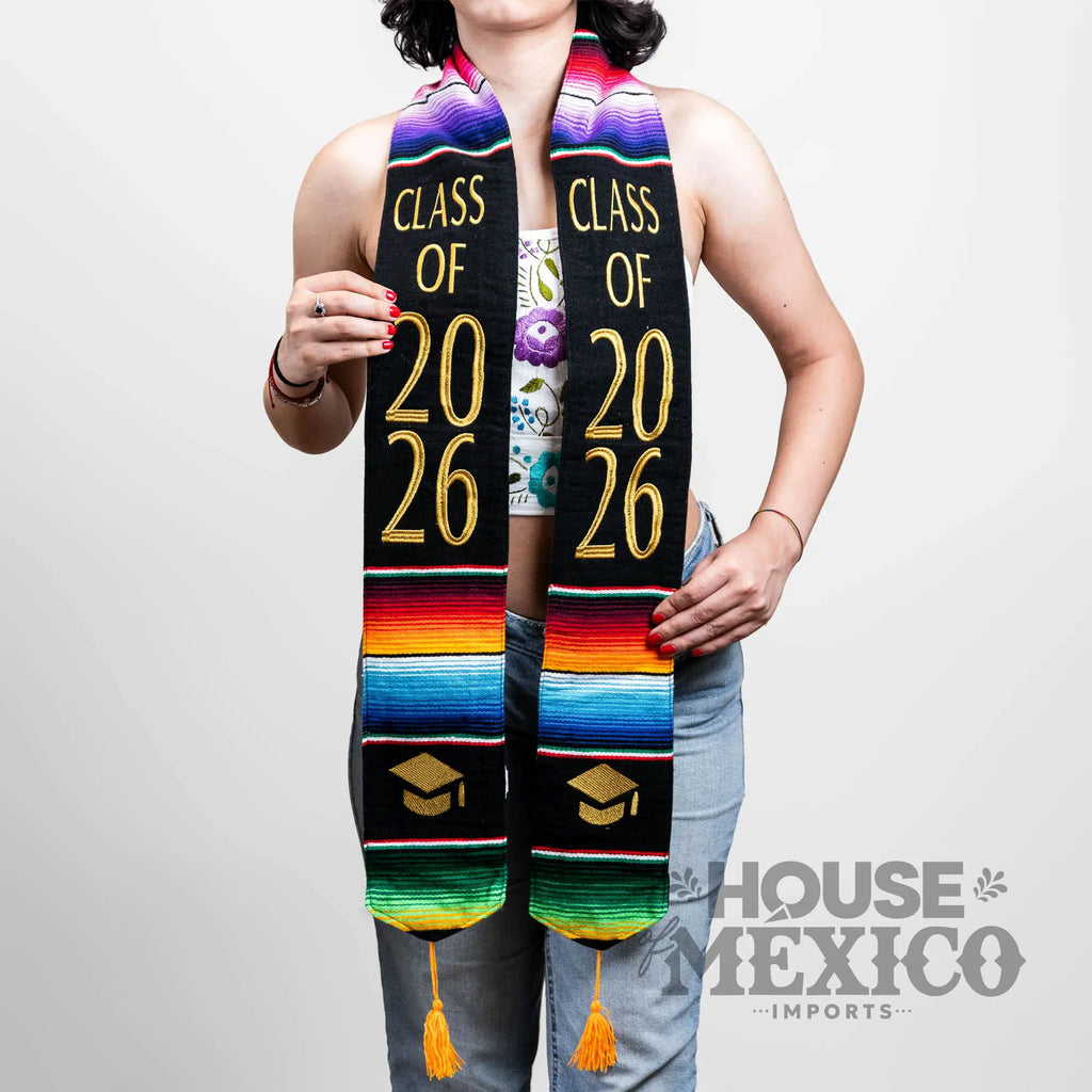 Mexican Graduation Stole 2026 – Black Sarape with Gold Class Embroidery