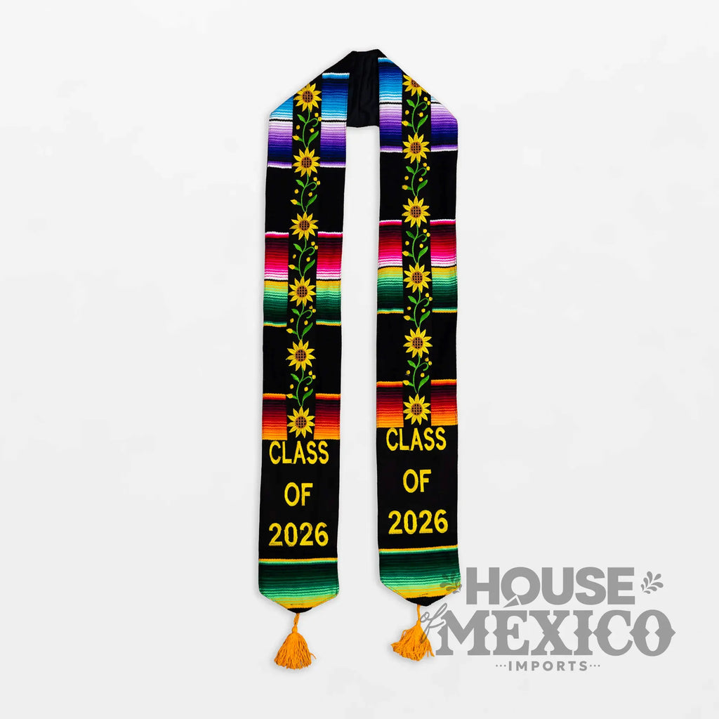 Mexican Graduation Stole – Sunflower Embroidery and Sarape Trim (Class of 2026)
