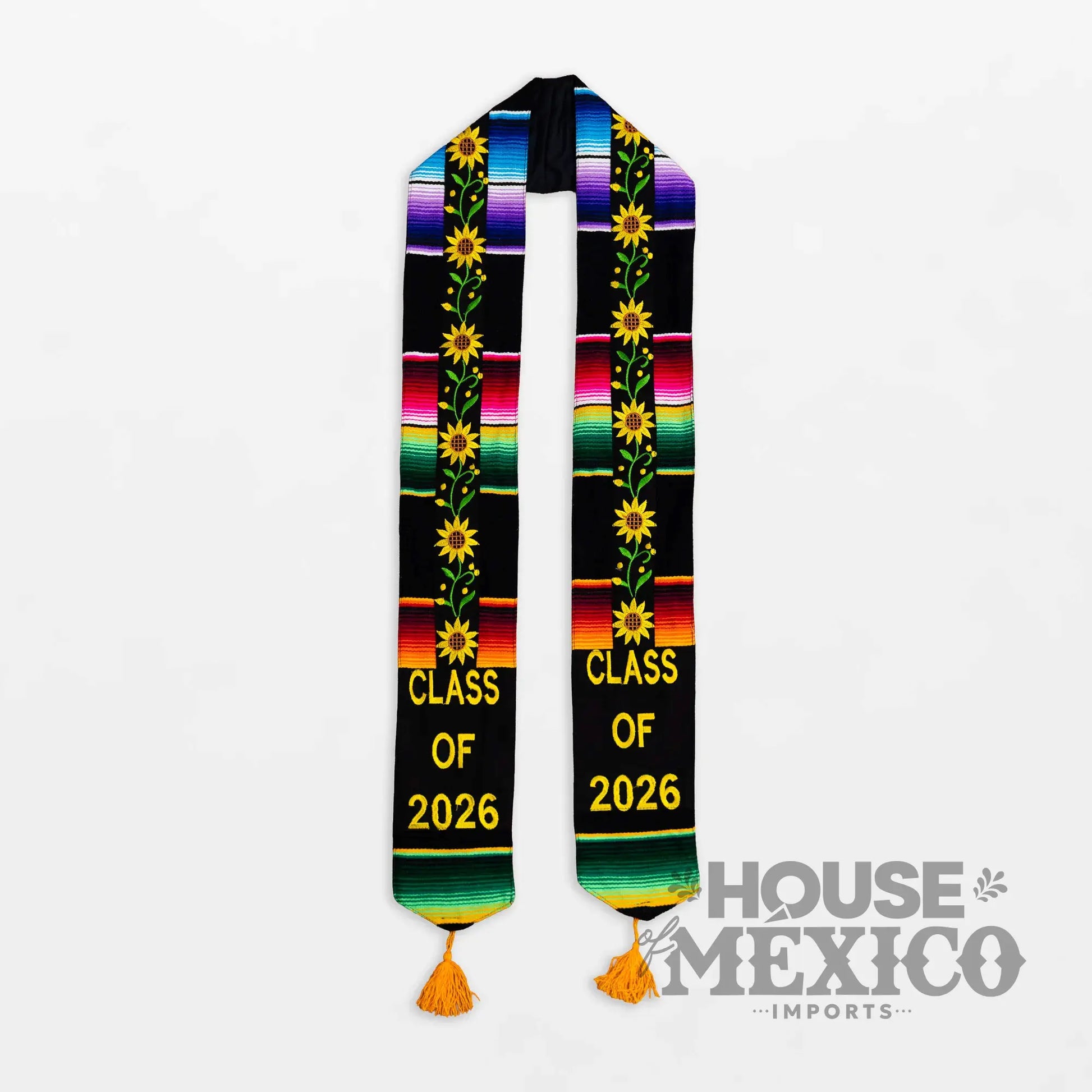 Mexican Graduation Stole – Sunflower Embroidery and Sarape Trim (Class of 2026)
