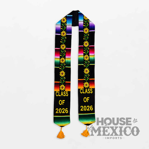 Mexican Graduation Stole – Sunflower Embroidery and Sarape Trim (Class of 2026)