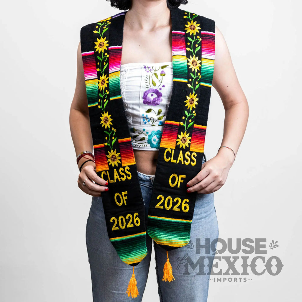 Mexican Graduation Stole – Sunflower Embroidery and Sarape Trim (Class of 2026)