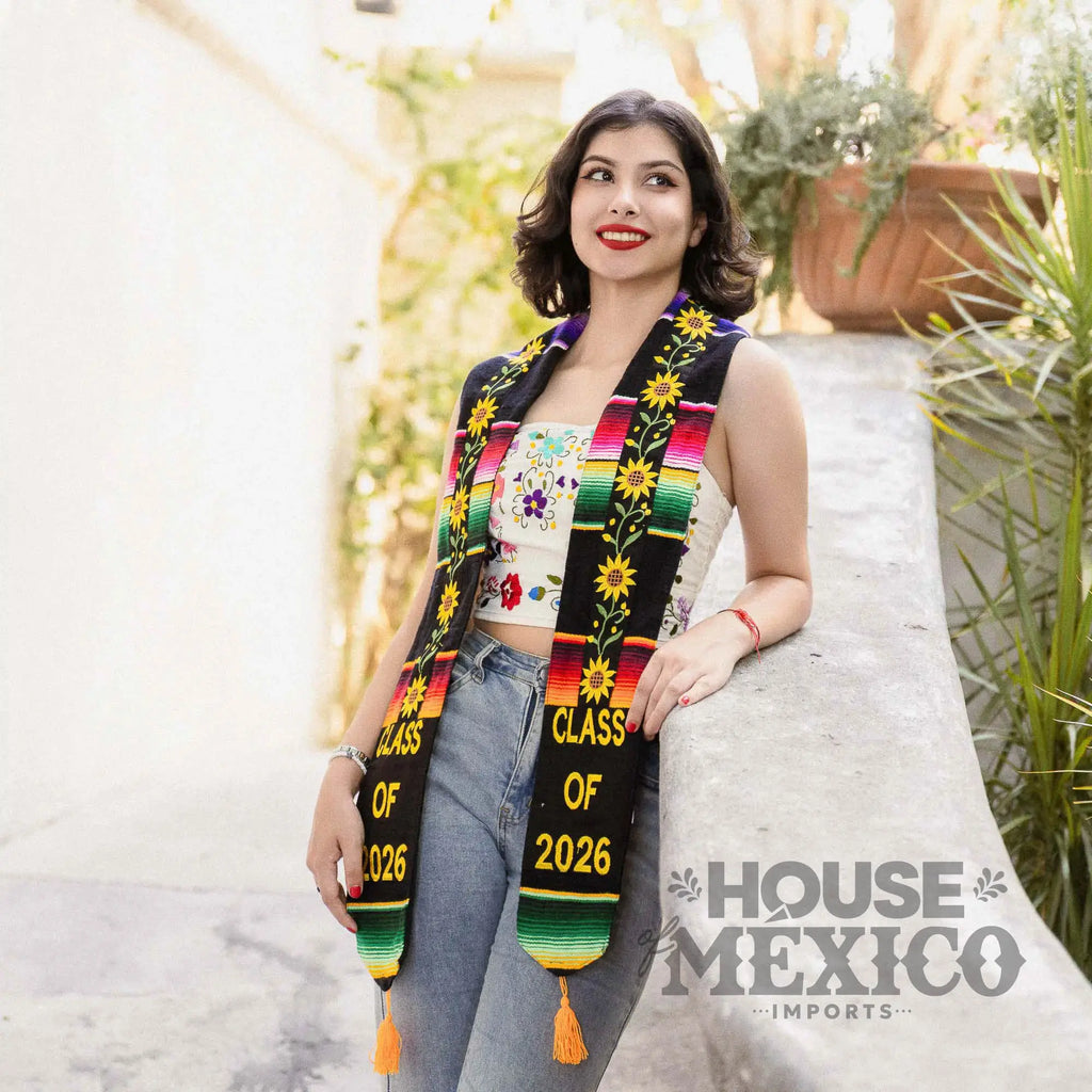 Mexican Graduation Stole 2026 Sunflower Embroidery and Sarape Trim House of Mexico Imports Mexican Graduation Stole 2026 Sunflower Embroidery and Sarape Trim House of Mexico Imports