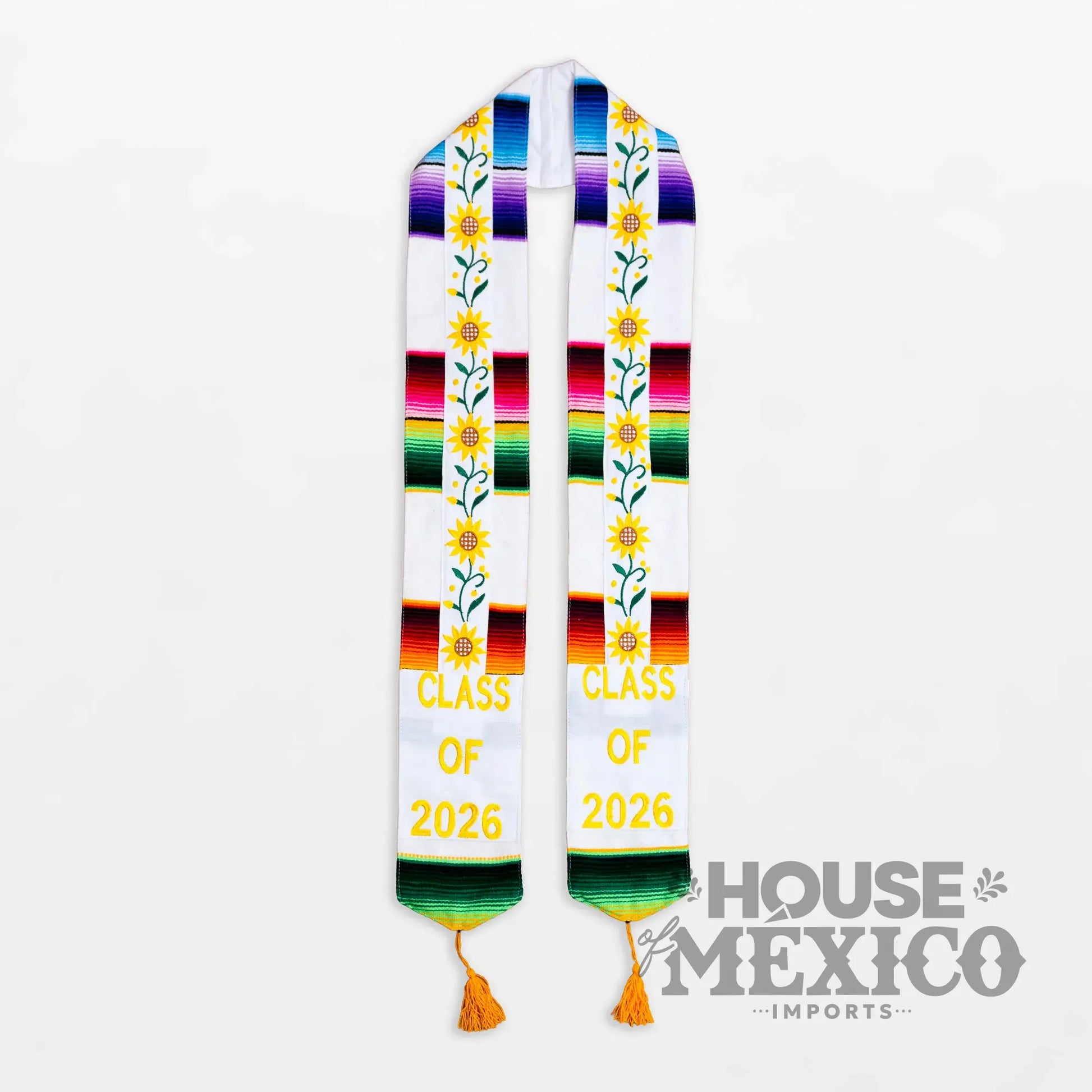 Mexican Graduation Stole – Sunflower Embroidery and Sarape Trim (Class of 2026)