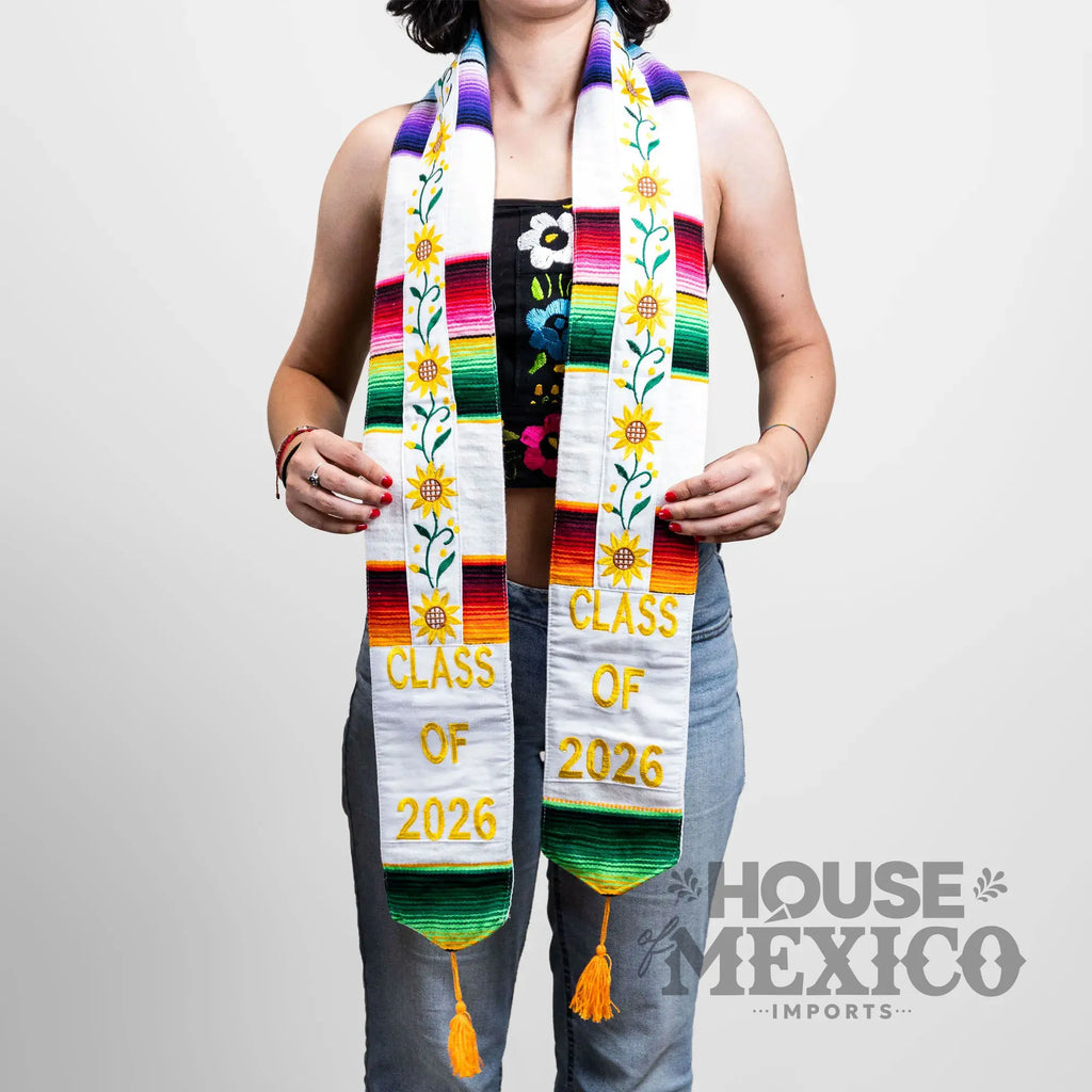 Mexican Graduation Stole – Sunflower Embroidery and Sarape Trim (Class of 2026)