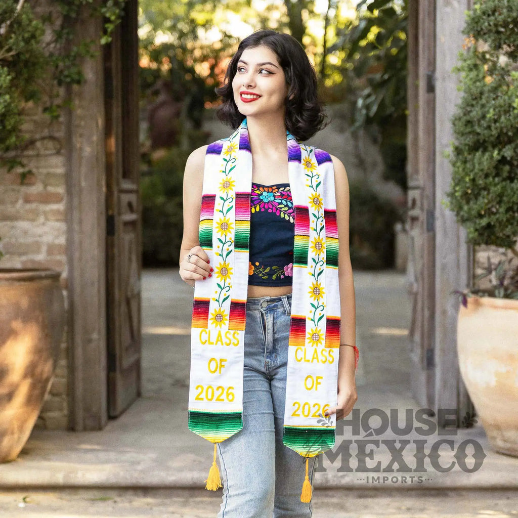 Mexican Graduation Stole – Sunflower Embroidery and Sarape Trim (Class of 2026)