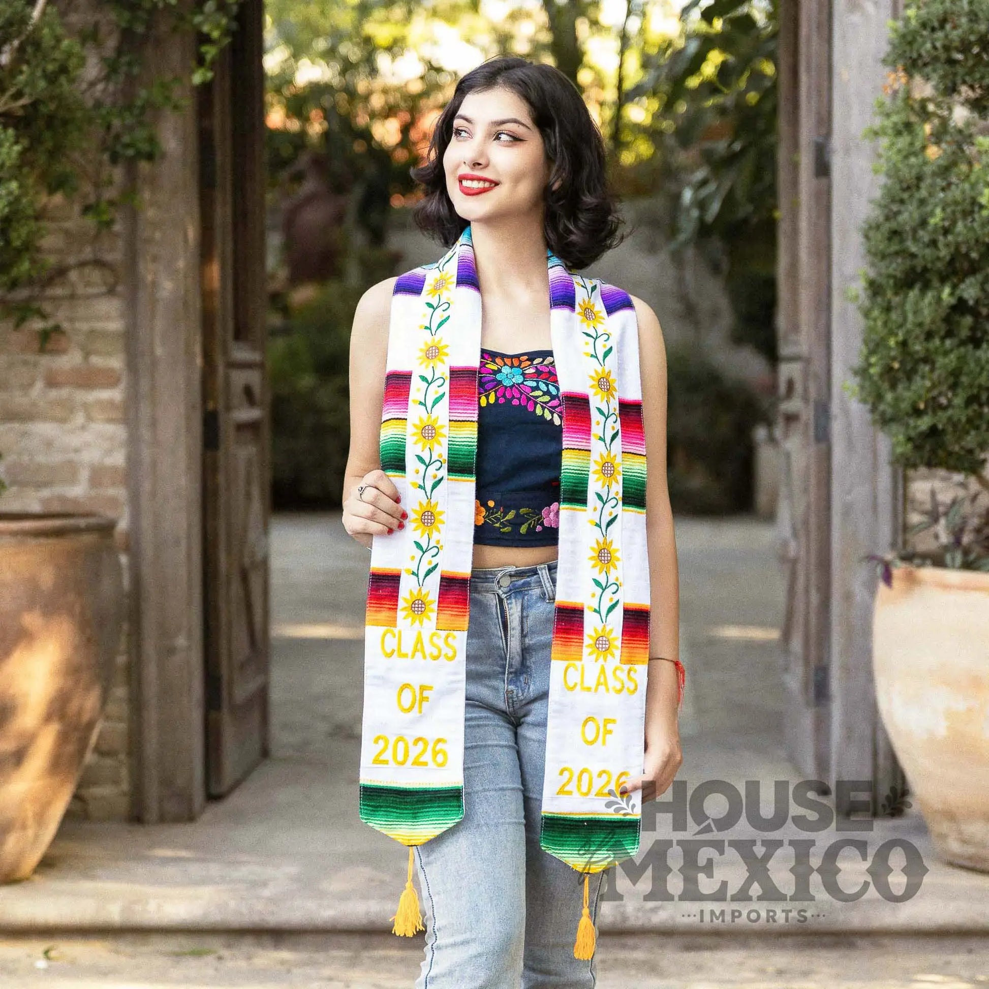 Mexican Graduation Stole – Sunflower Embroidery and Sarape Trim (Class of 2026)