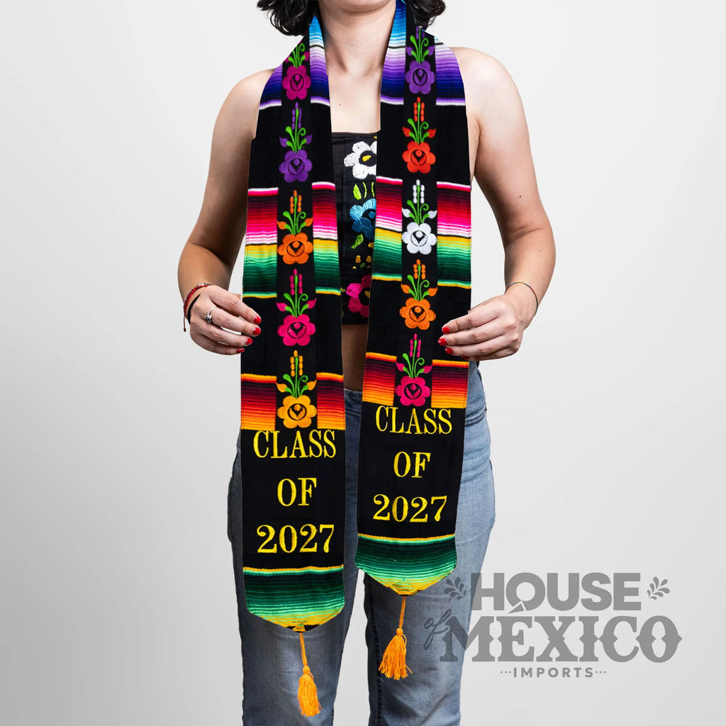 Mexican Graduation Stole – Floral Embroidery and Sarape Trim (Class of 2027)