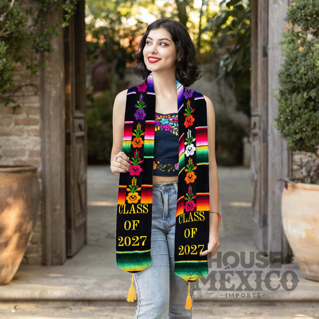 Mexican Graduation Stole – Floral Embroidery and Sarape Trim (Class of 2027)