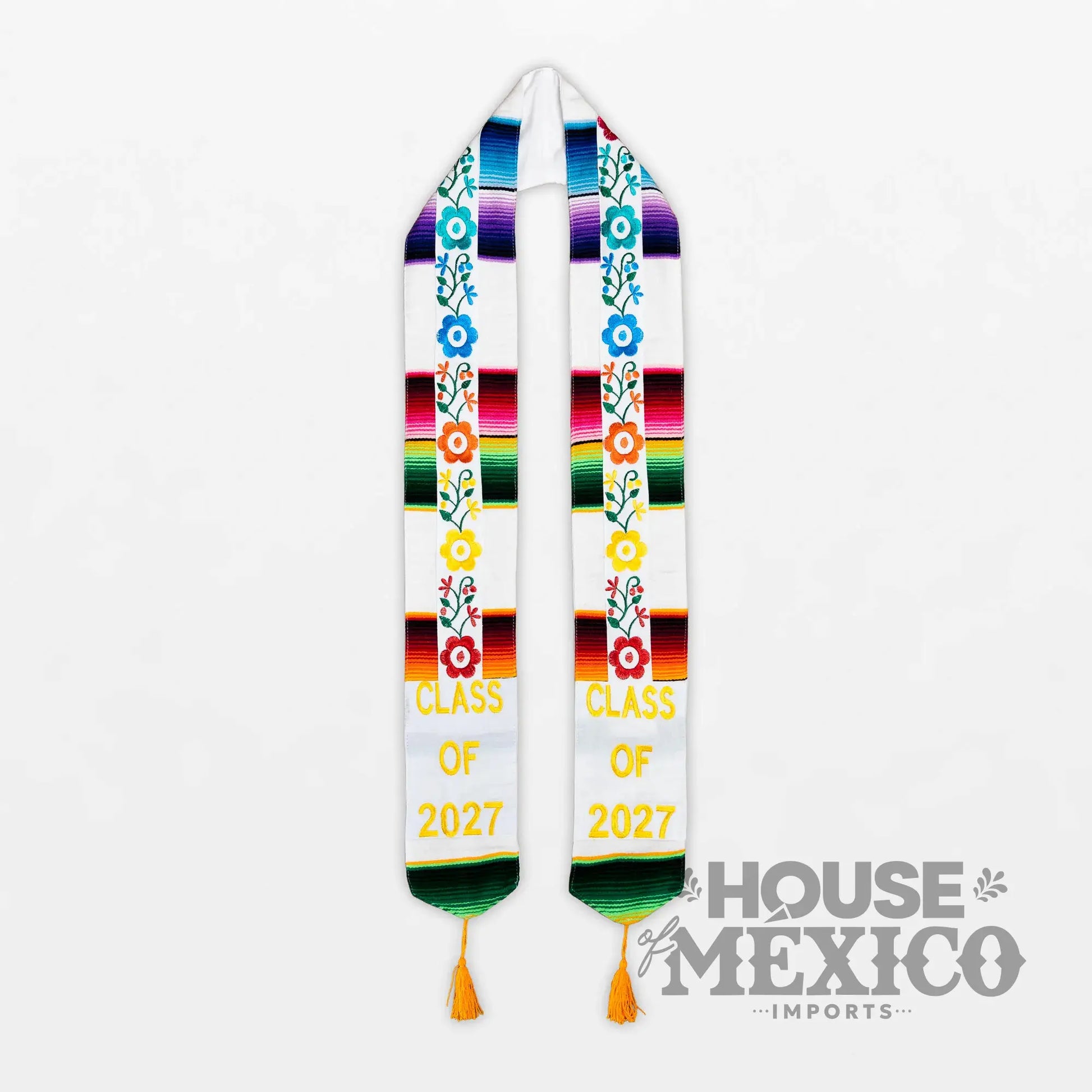Mexican Graduation Stole – Floral Embroidery and Sarape Trim (Class of 2027)