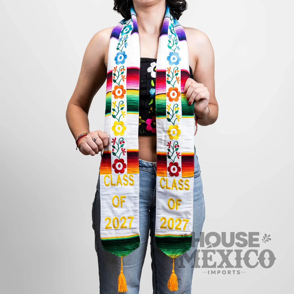 Mexican Graduation Stole – Floral Embroidery and Sarape Trim (Class of 2027)
