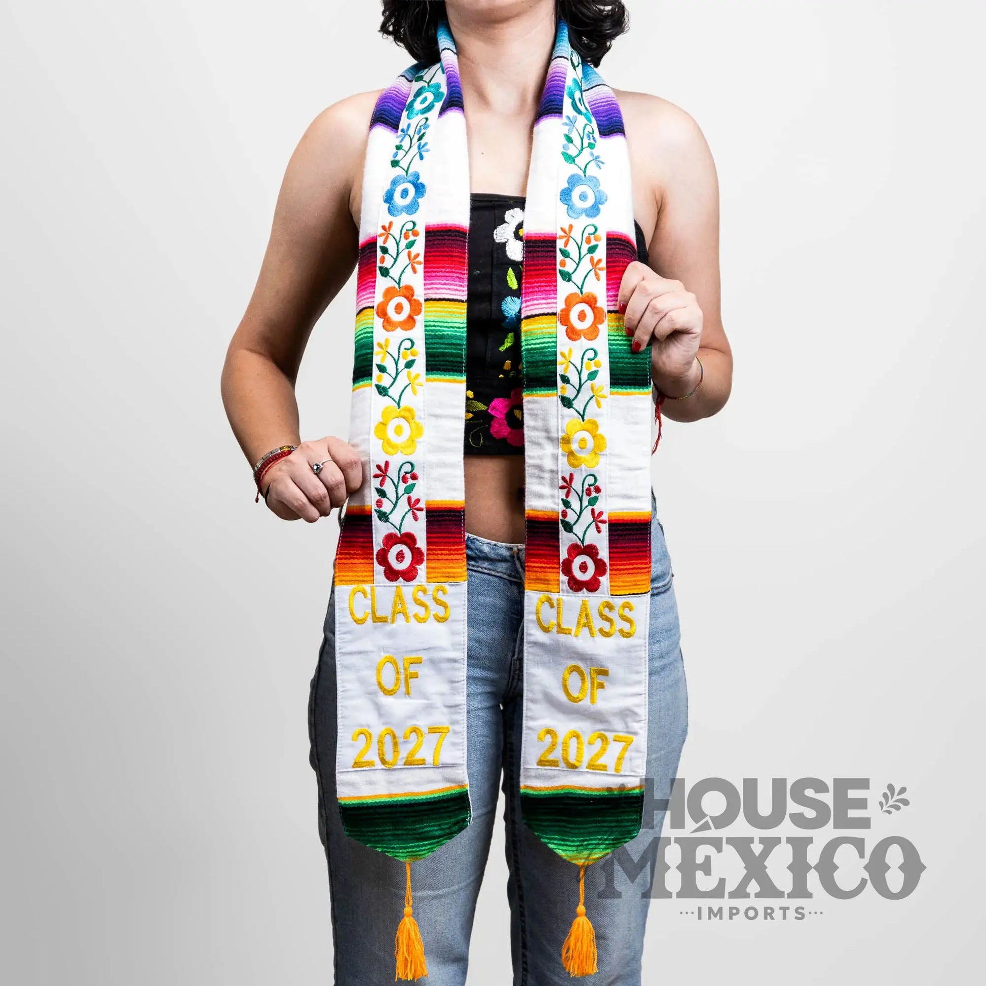 Mexican Graduation Stole – Floral Embroidery and Sarape Trim (Class of 2027)