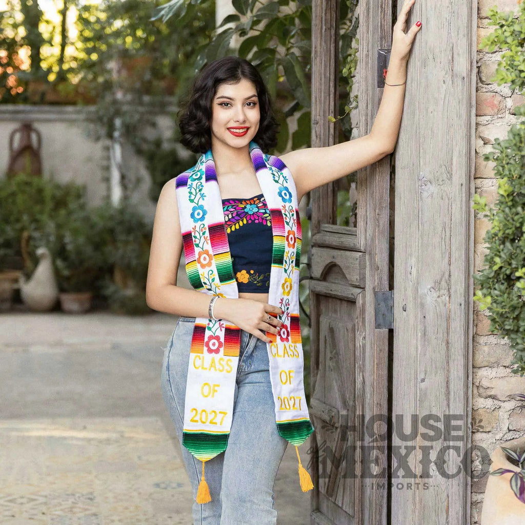 Mexican Graduation Stole – Floral Embroidery and Sarape Trim (Class of 2027)