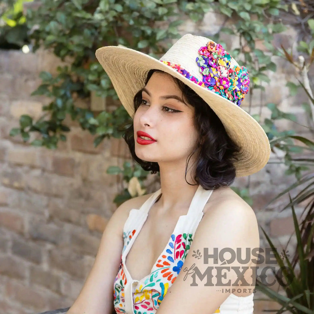 Mexican Sombreros – Straw Hat with Multicolor Flower Heart Design