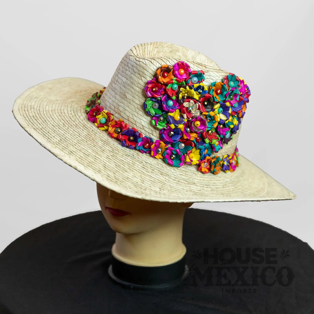 Mexican Sombreros – Straw Hat with Multicolor Flower Heart Design