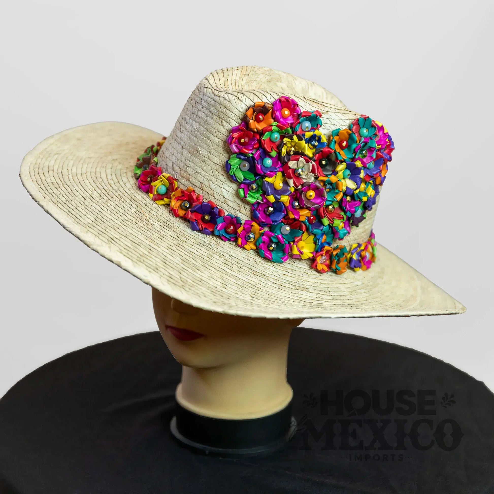 Mexican Sombreros – Straw Hat with Multicolor Flower Heart Design