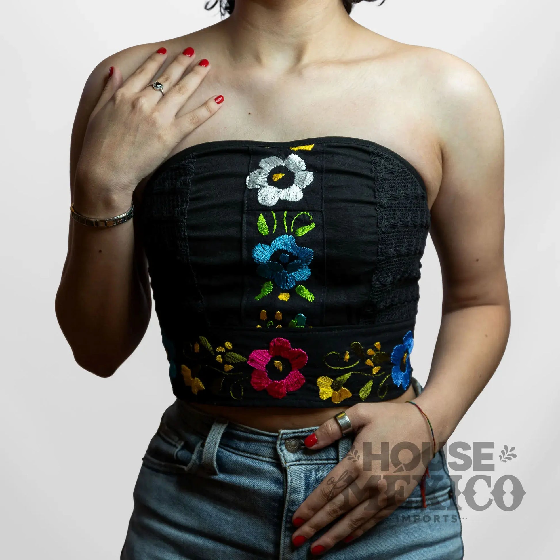 Mexican Top – Tube Top Coral with Colorful Floral Embroidery