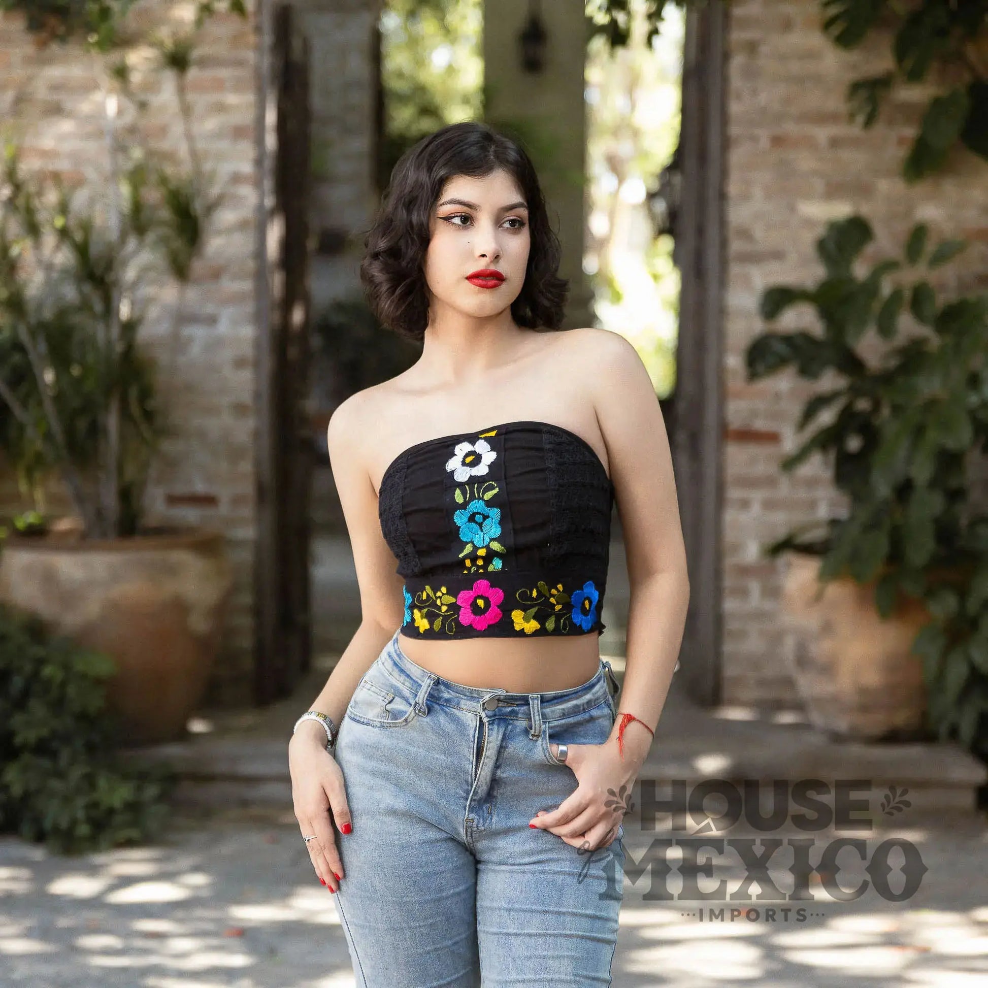 Mexican Top – Tube Top Coral with Colorful Floral Embroidery