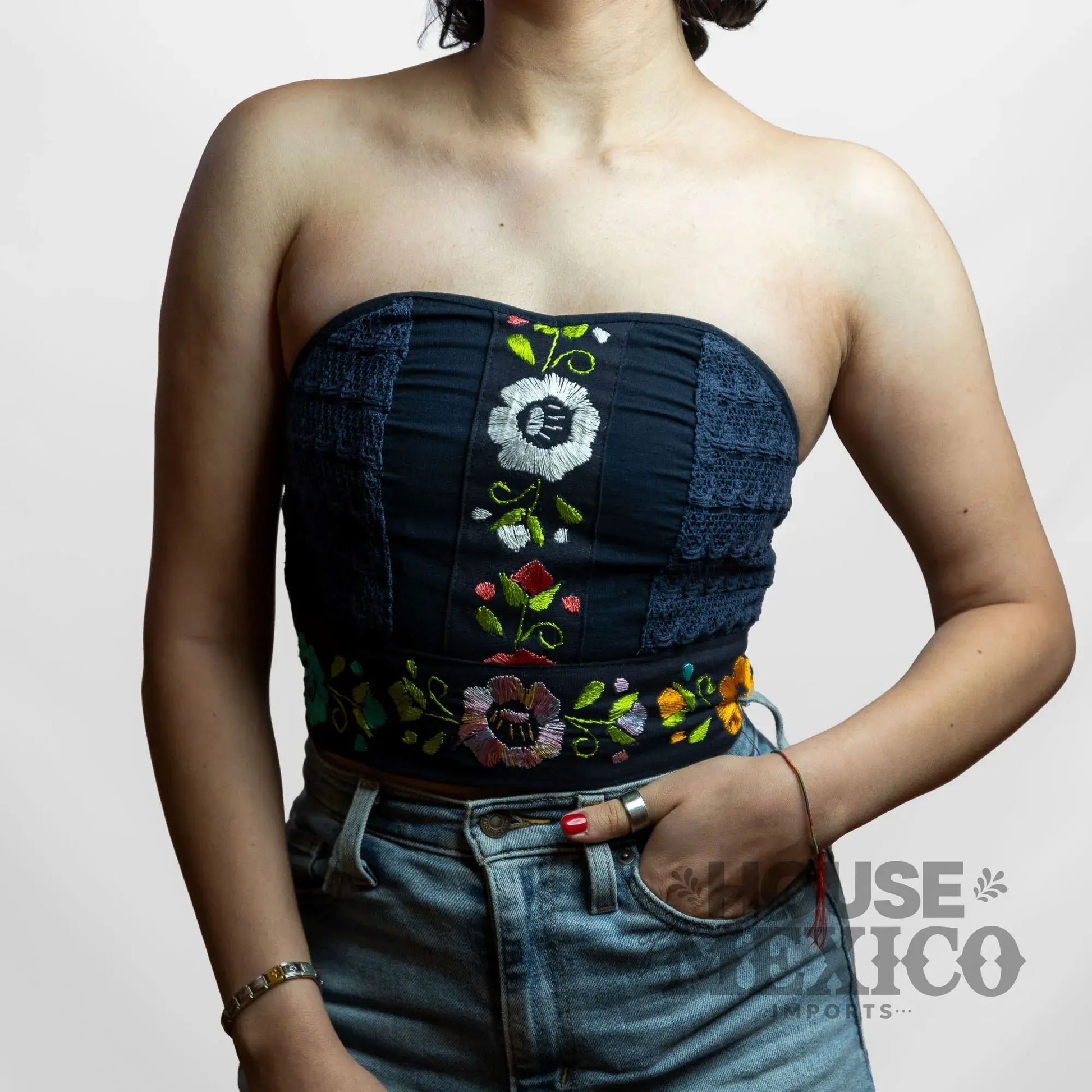 Mexican Top – Tube Top Coral with Colorful Floral Embroidery