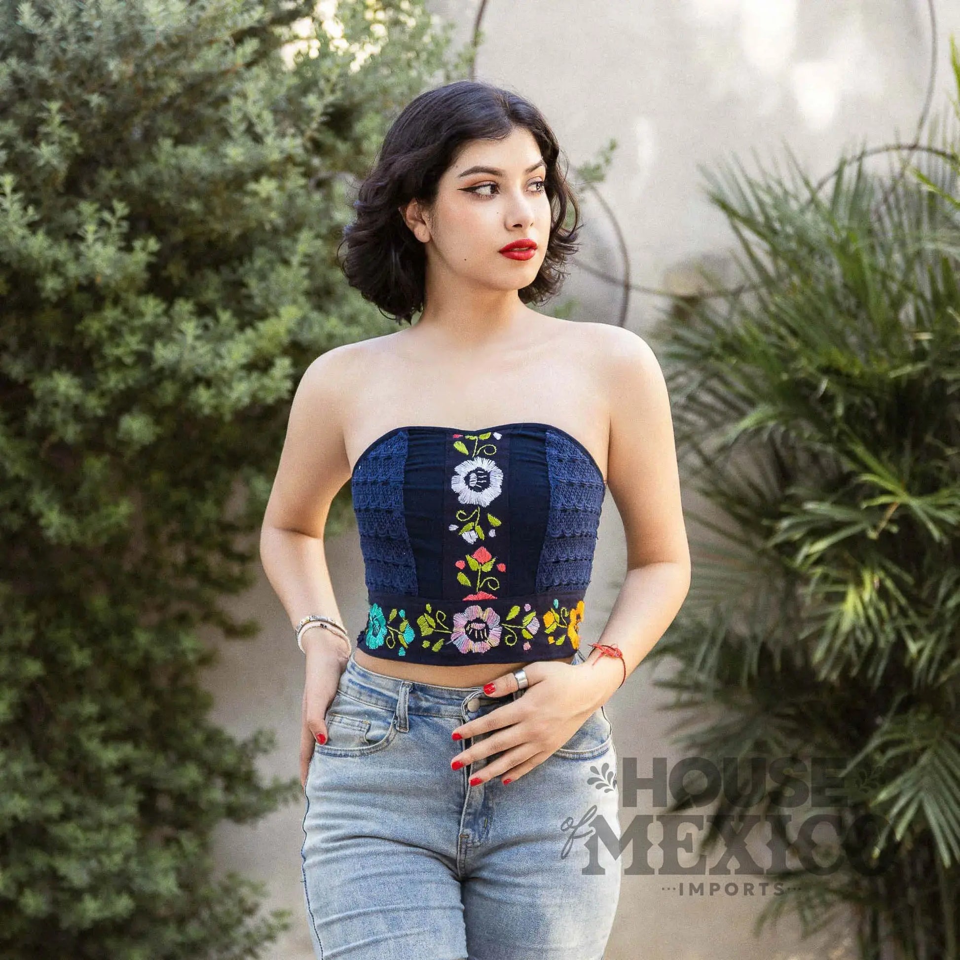 Mexican Top – Tube Top Coral with Colorful Floral Embroidery