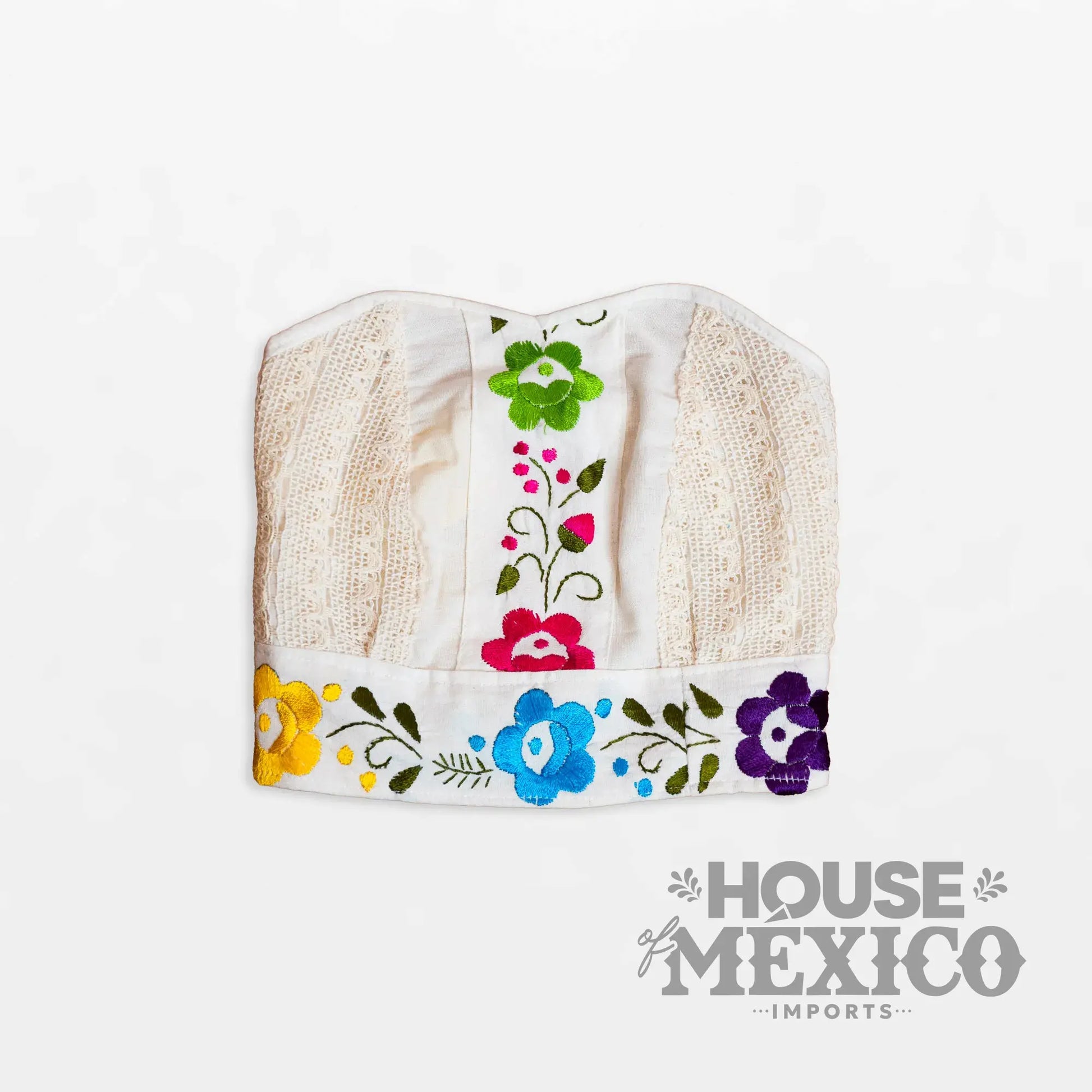 Mexican Top – Tube Top Coral with Colorful Floral Embroidery