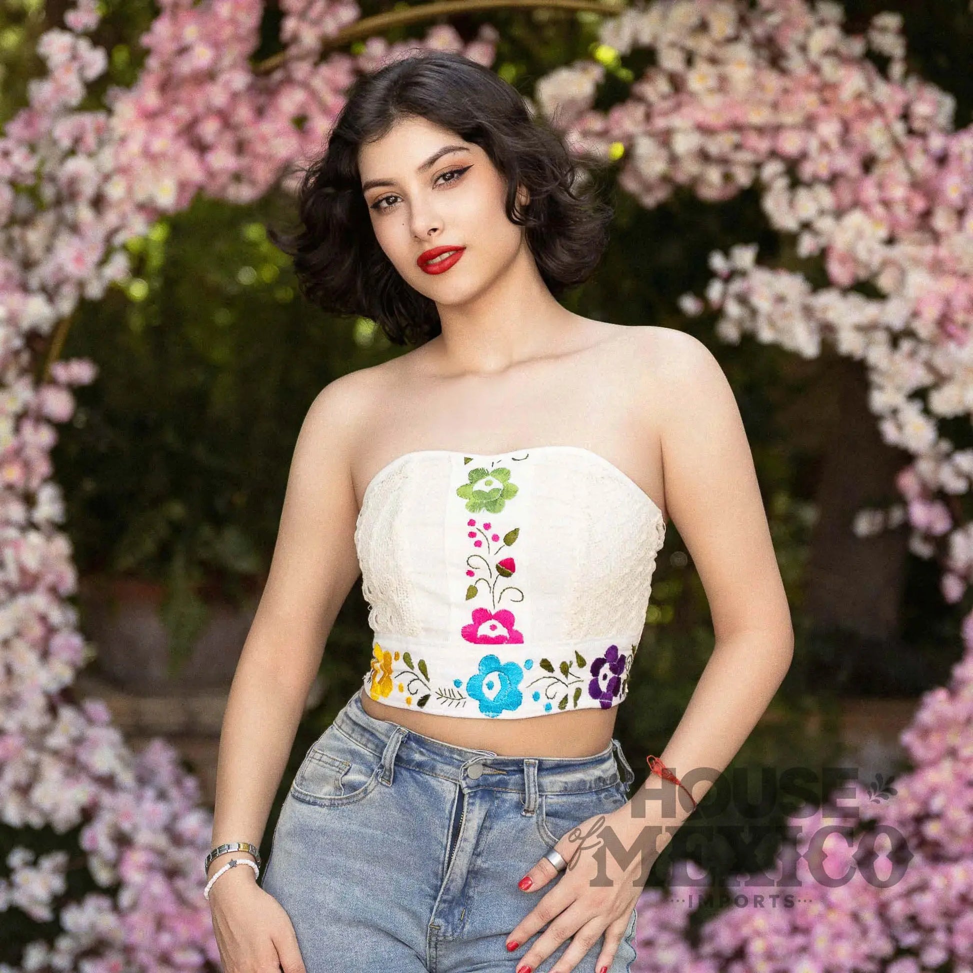 Mexican Top – Tube Top Coral with Colorful Floral Embroidery