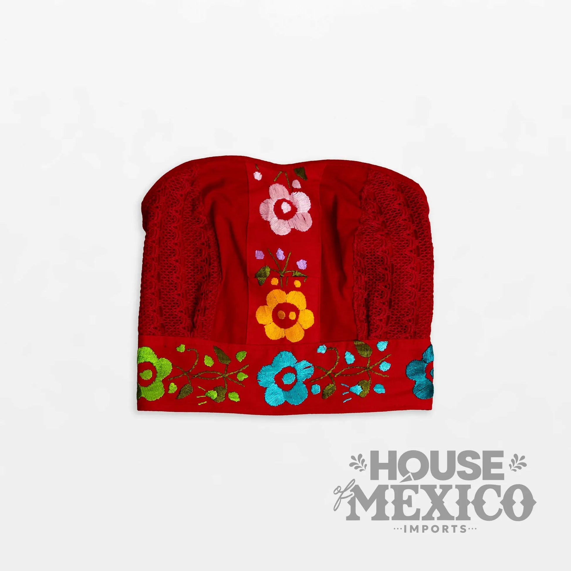 Mexican Top – Tube Top Coral with Colorful Floral Embroidery