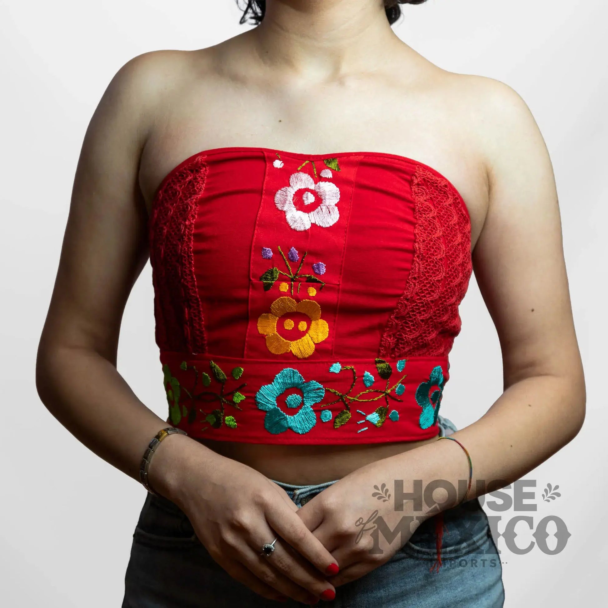 Mexican Top – Tube Top Coral with Colorful Floral Embroidery