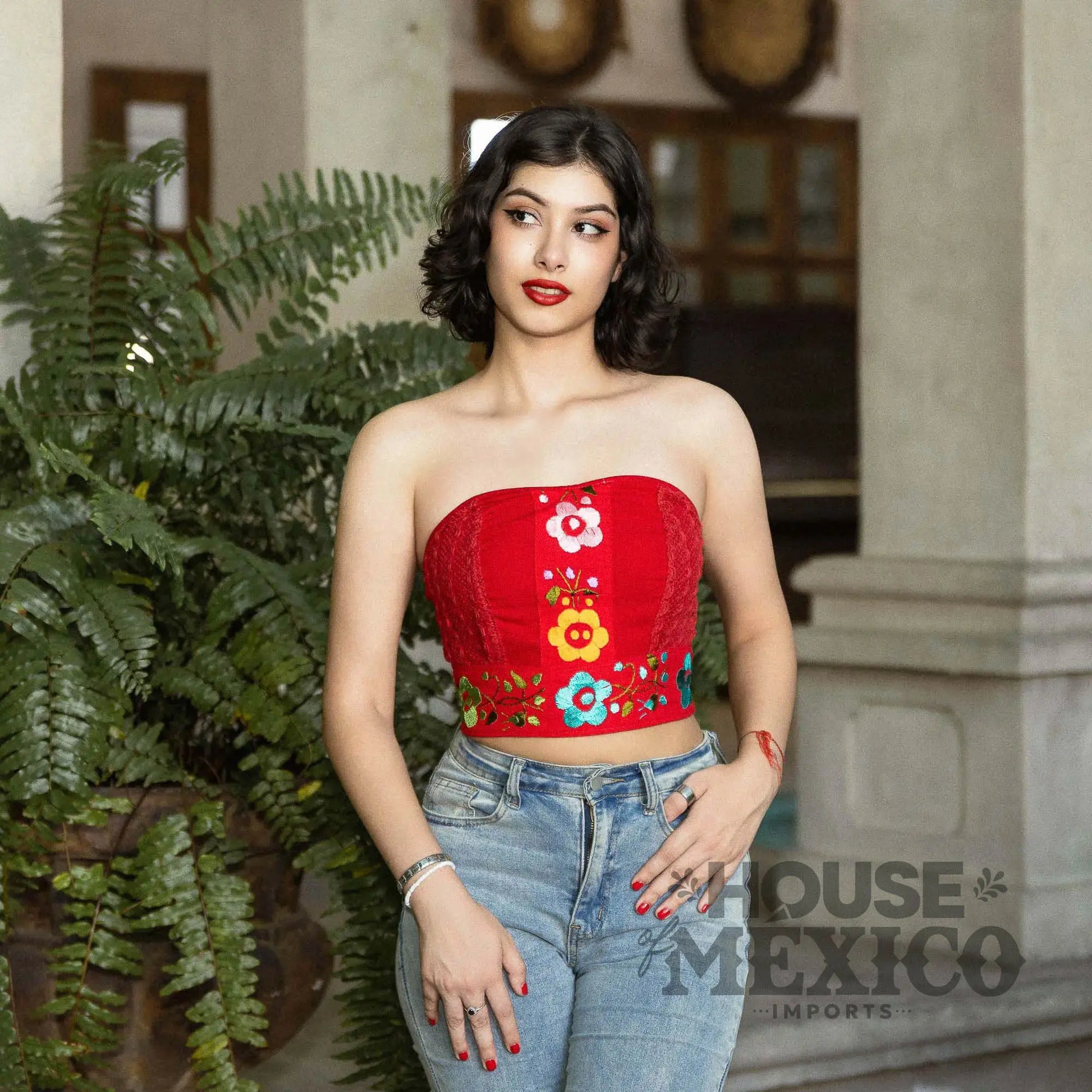 Mexican Top – Tube Top Coral with Colorful Floral Embroidery