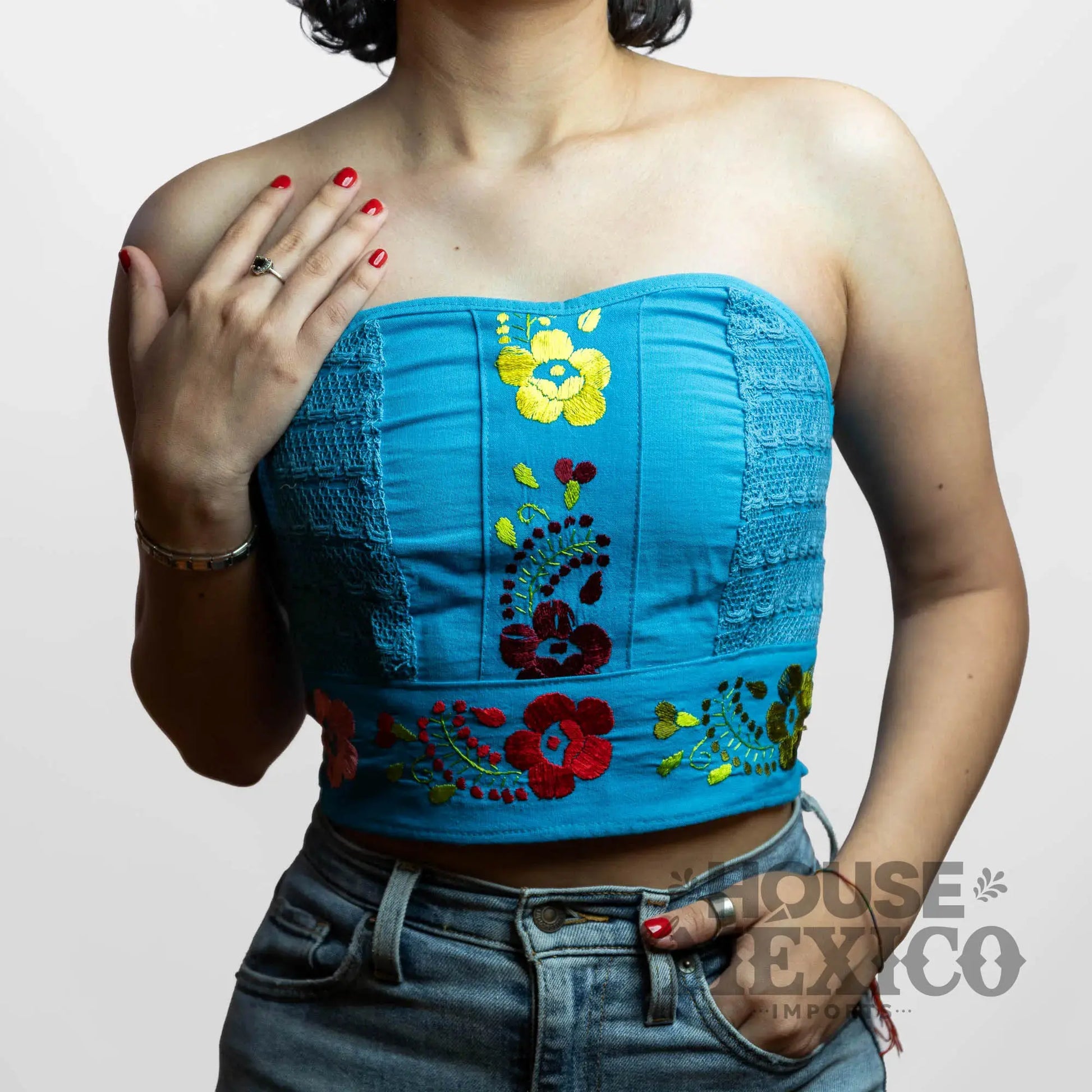 Mexican Top – Tube Top Coral with Colorful Floral Embroidery