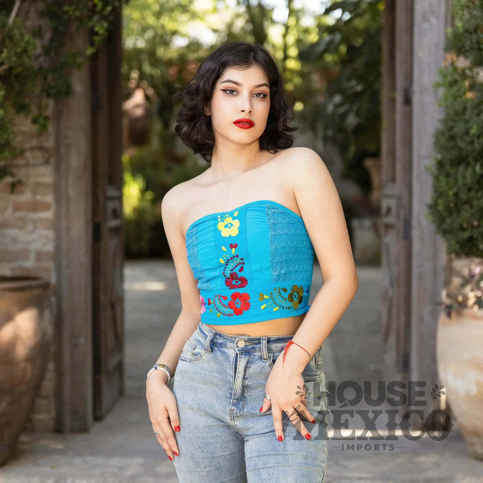 Mexican Top – Tube Top Coral with Colorful Floral Embroidery