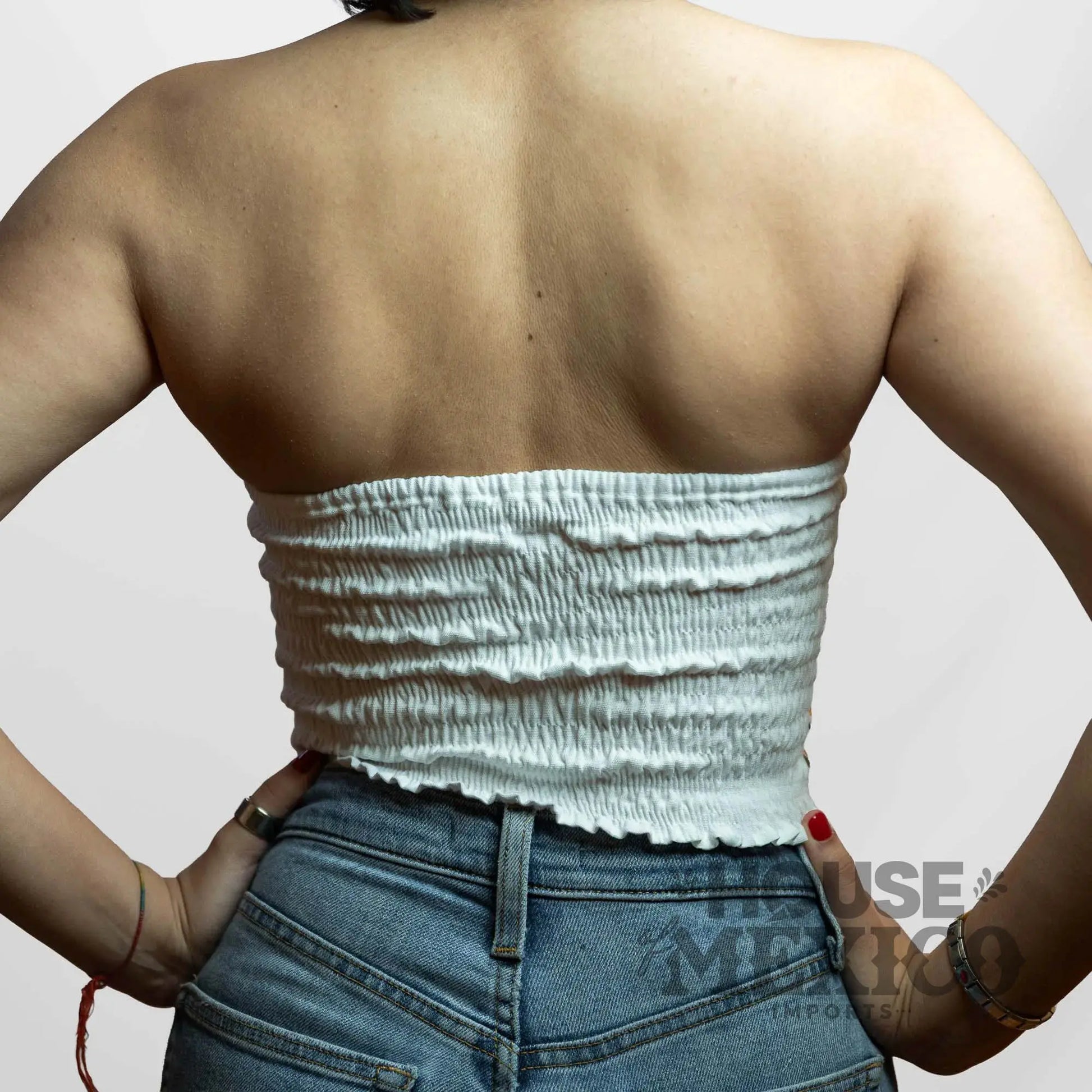 Mexican Top – Tube Top Coral with Colorful Floral Embroidery