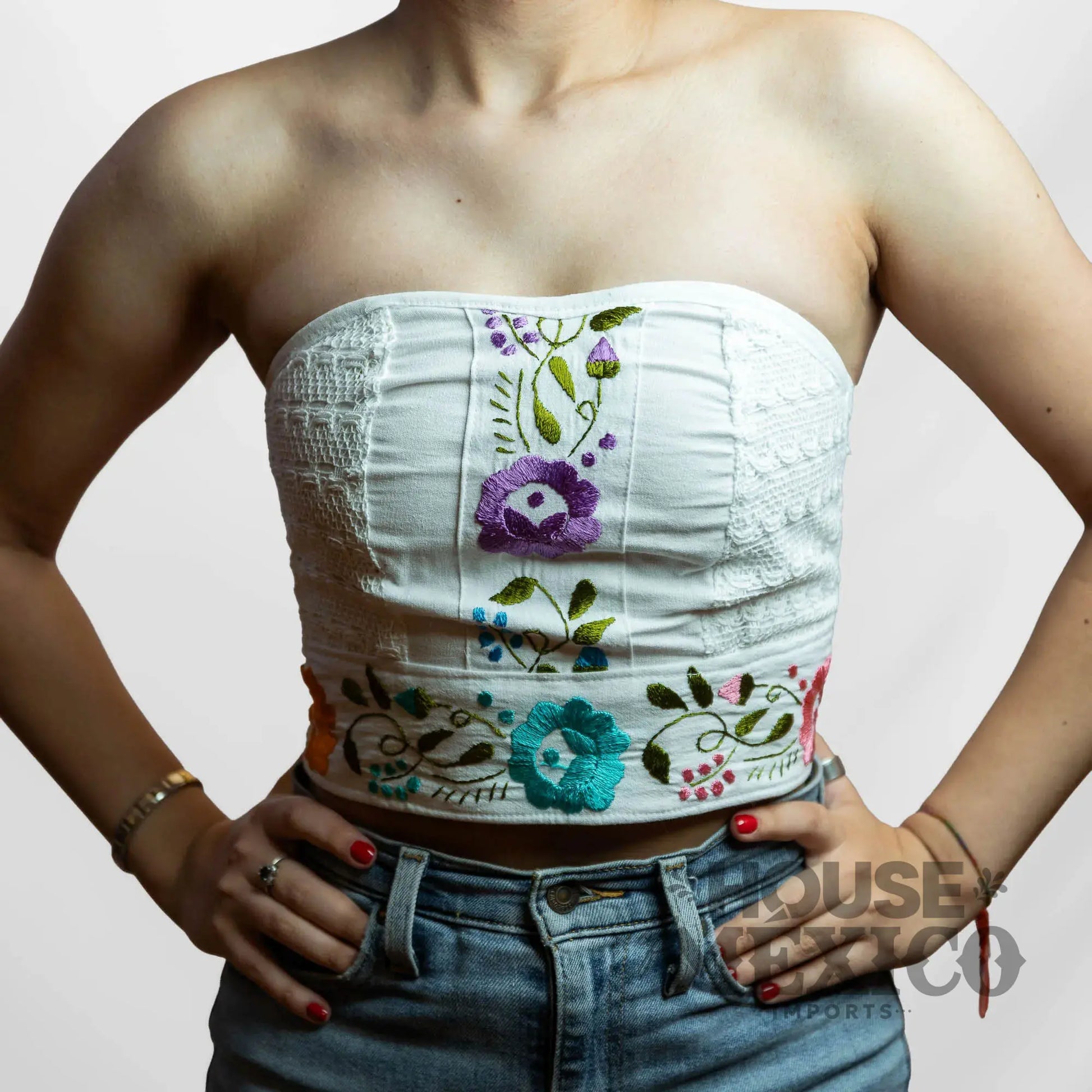 Mexican Top – Tube Top Coral with Colorful Floral Embroidery