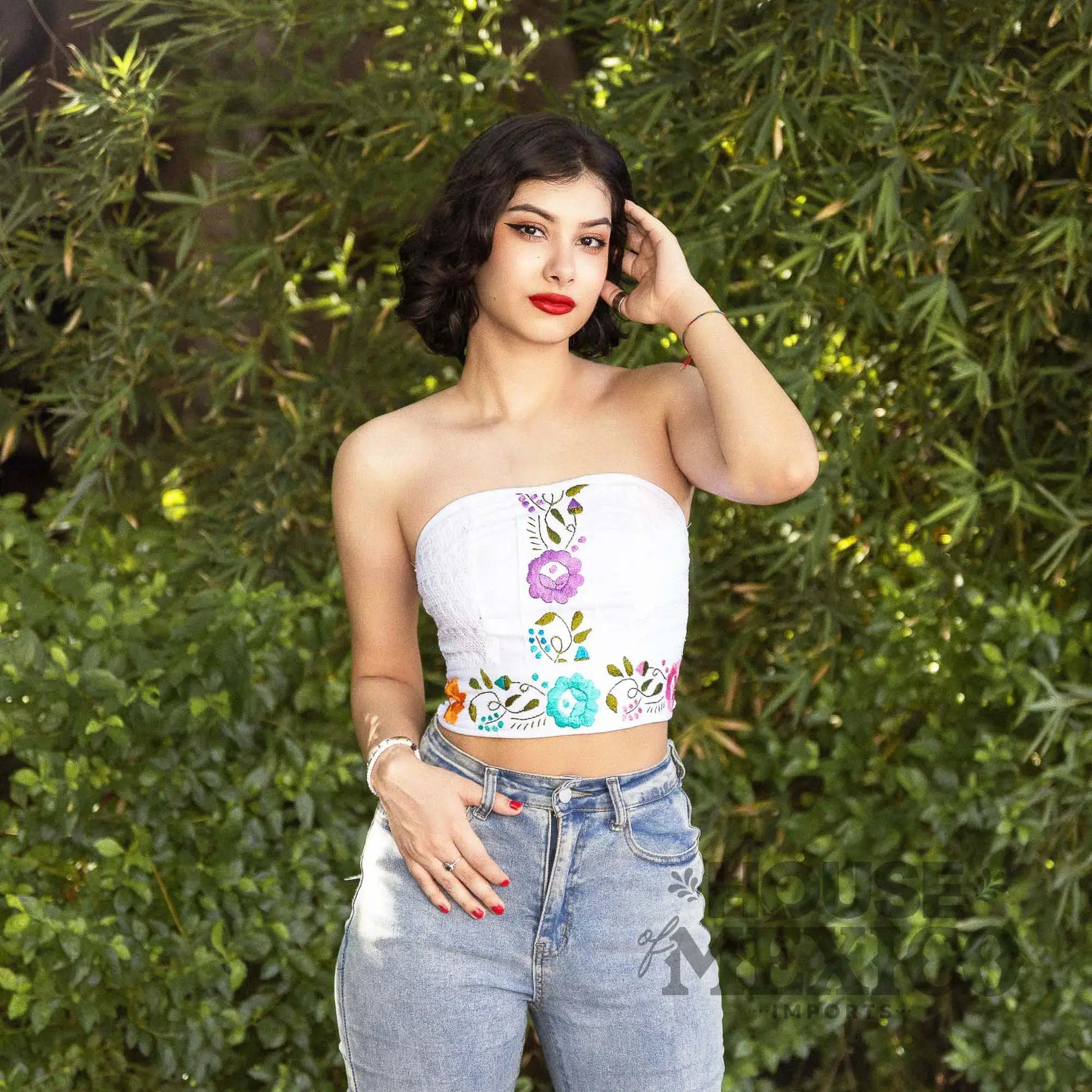 Mexican Top – Tube Top Coral with Colorful Floral Embroidery